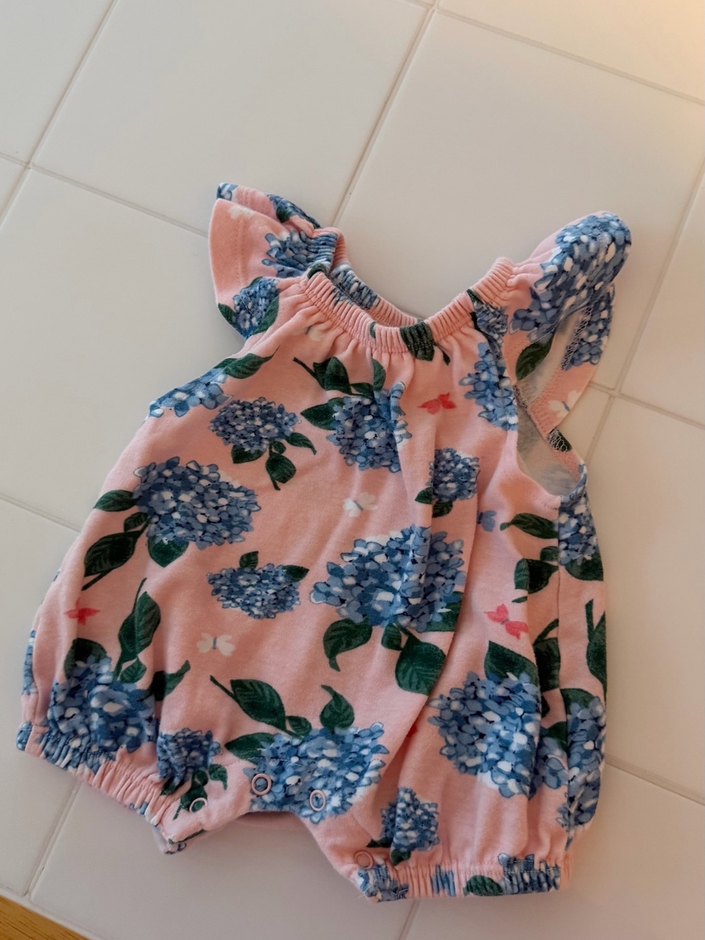 Baby Essentials Pink Romper with Blue Hydrangea Print